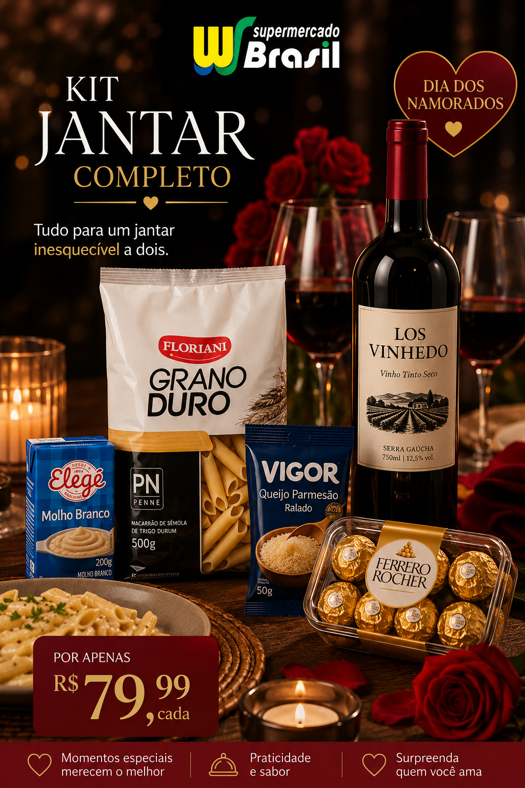 Kit Jantar Completo com macarrão Grano Duro, molho branco Elegé, queijo parmesão Vigor, vinho tinto Los Vinhedos e bombons Ferrero Rocher
