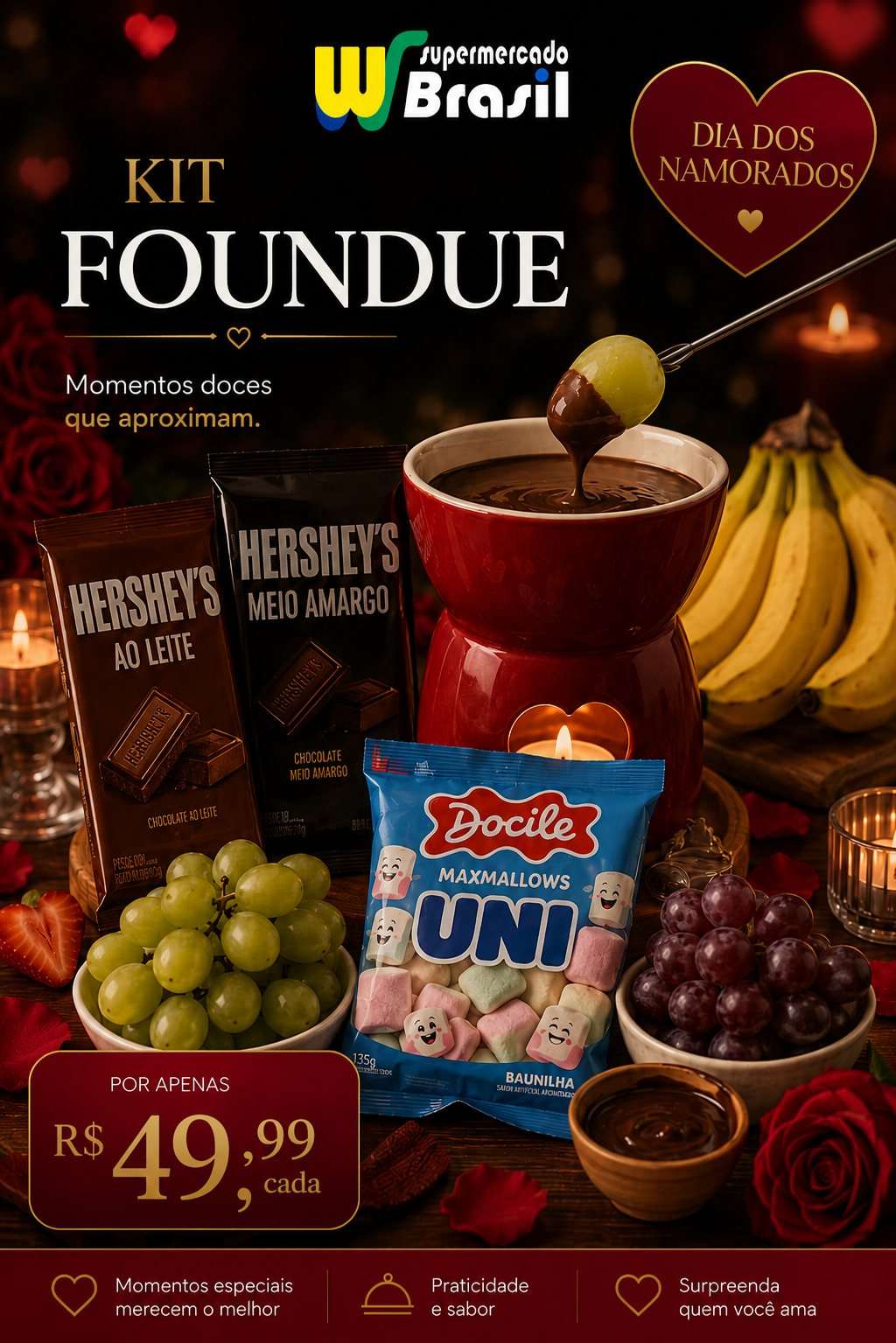 Kit Fondue com chocolates Hershey's ao leite e meio amargo, marshmallows Docile, uvas, morangos e bananas